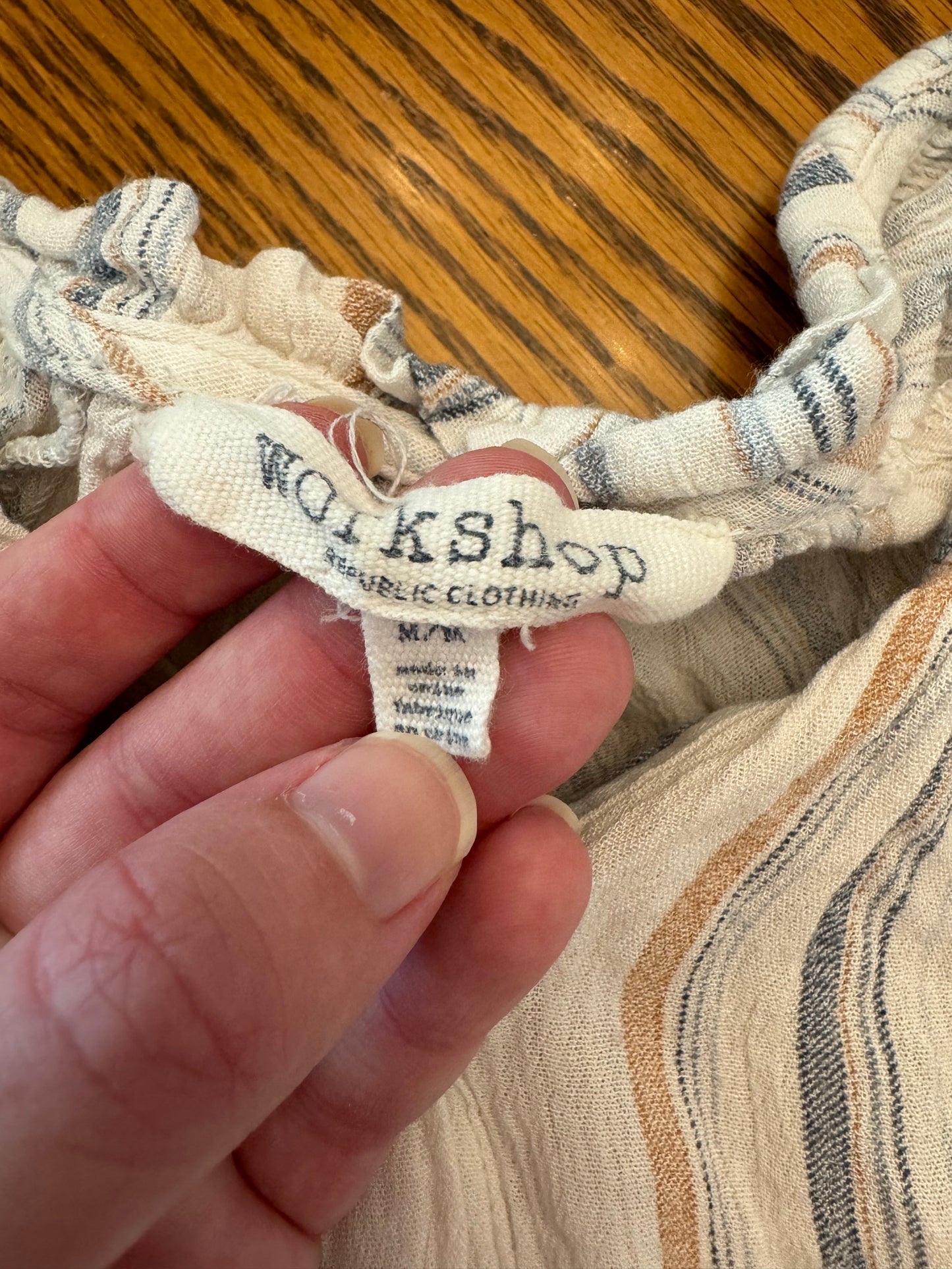 Workshop Blue and Tan Stripe Button Front Top