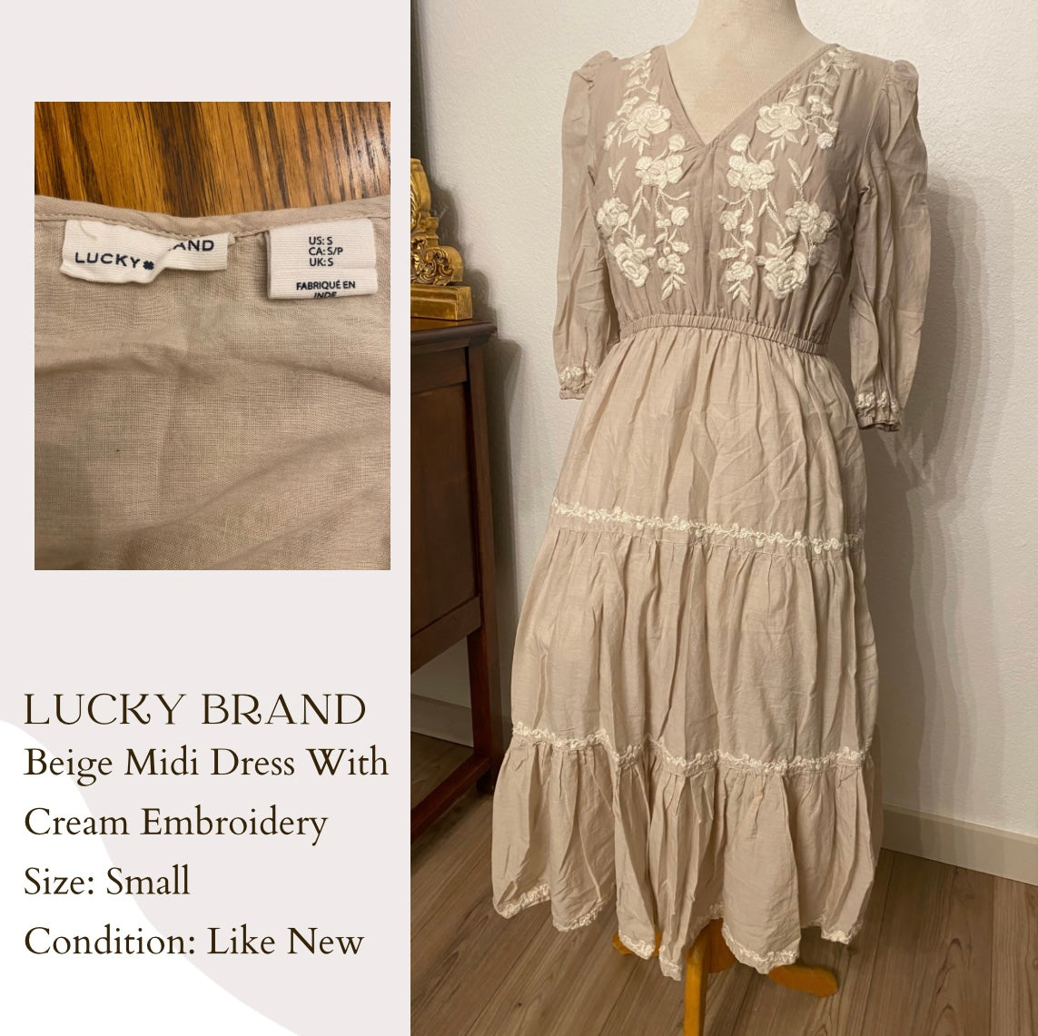 Lucky Brand Beige MIDI Dress With Cream Embroidery – A