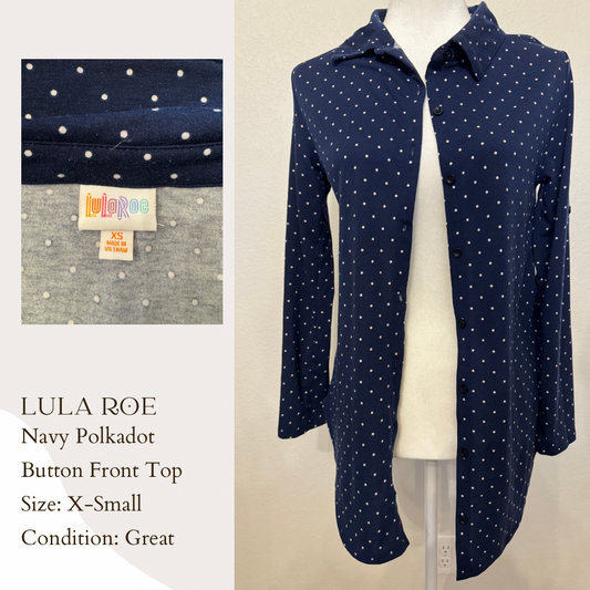 Lula Roe Navy Polkadot Button Front Top