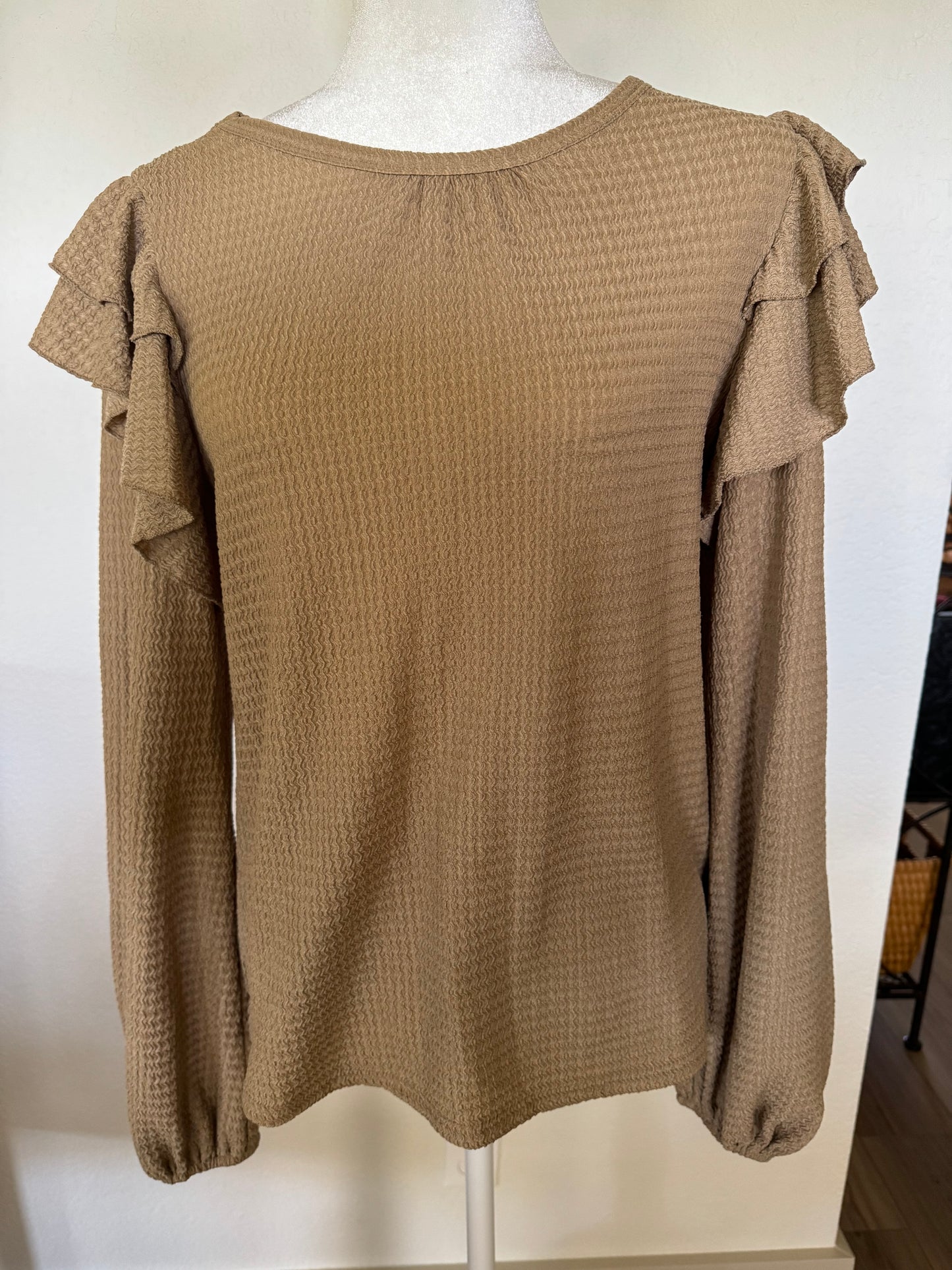 Shein Tan Waffle Knit Top With Ruffle Sleeves