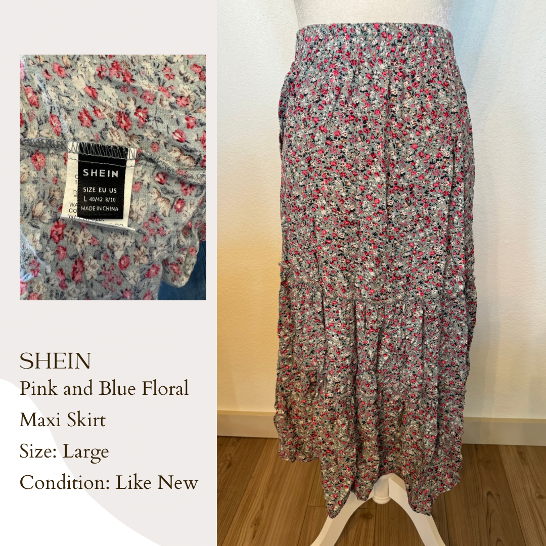 Shein Pink and Blue Floral Maxi Skirt