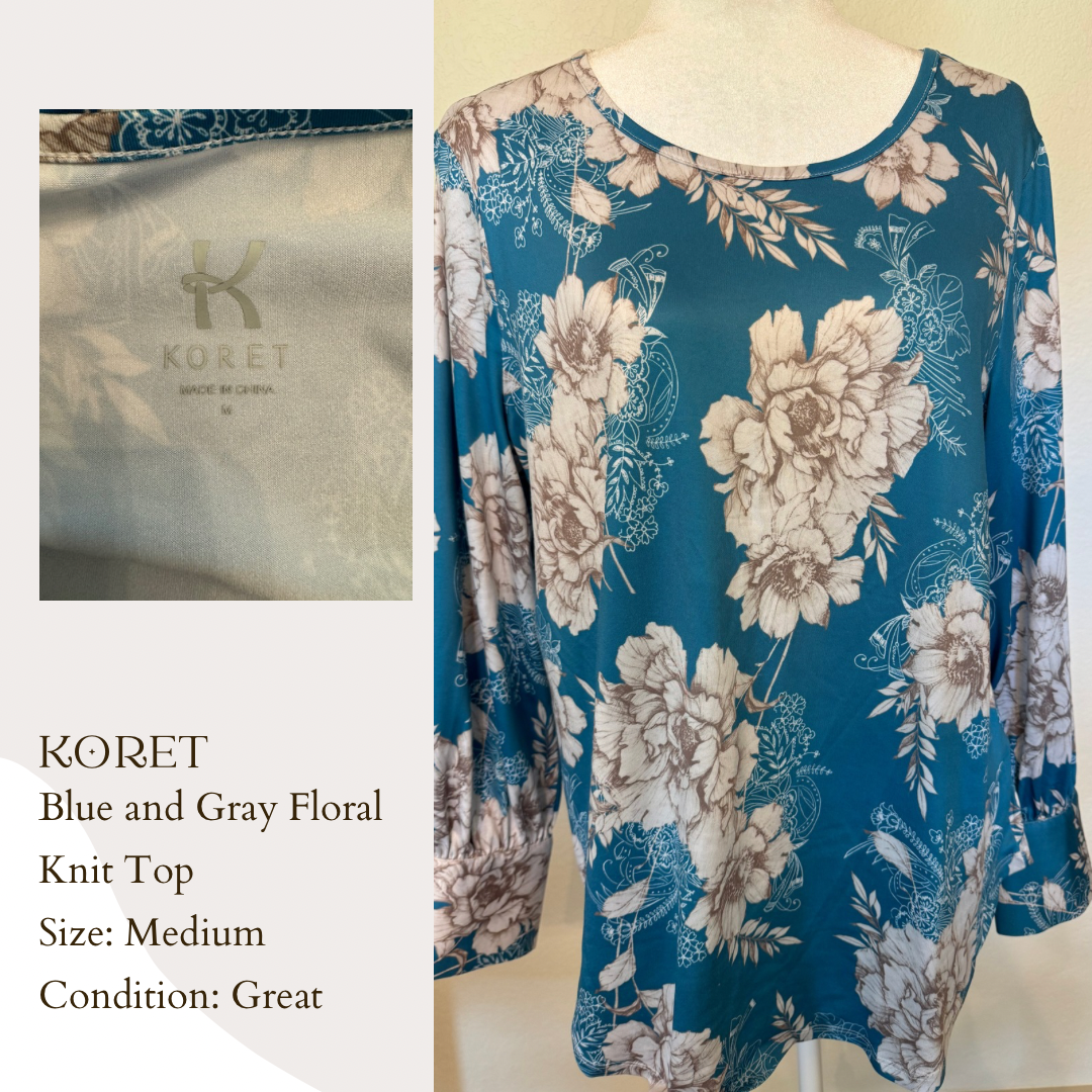 Koret Blue and Gray Floral Knit Top