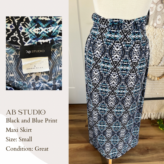 AB Studio Black and Blue Print Maxi Skirt