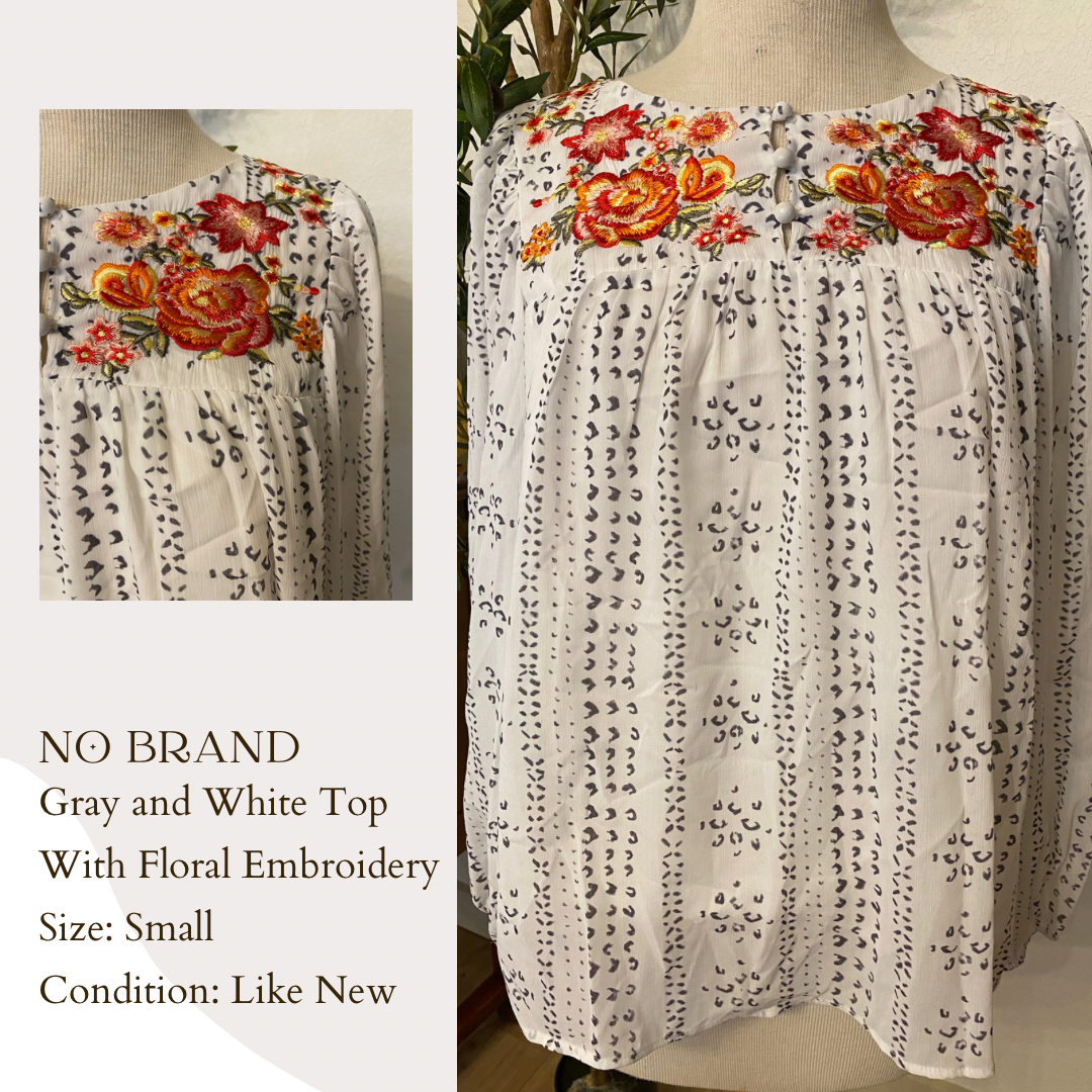 No Brand Gray and White Top With Floral Embroidery