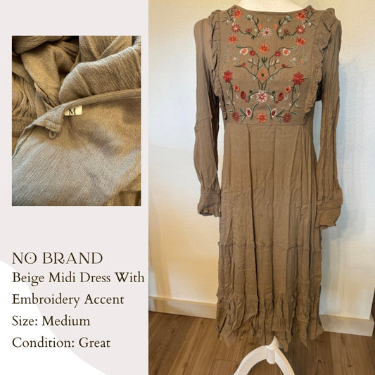 No Brand Beige Midi Dress With Embroidery Accent