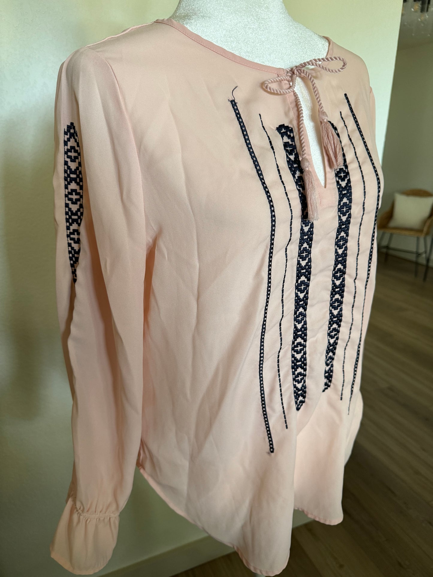 New York & Co Light Pink Top With Navy Embroidery