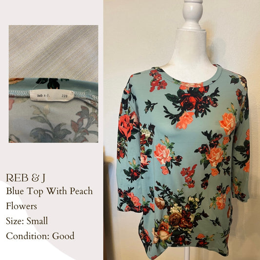 Reb & J. Blue Top With Peach Flowers