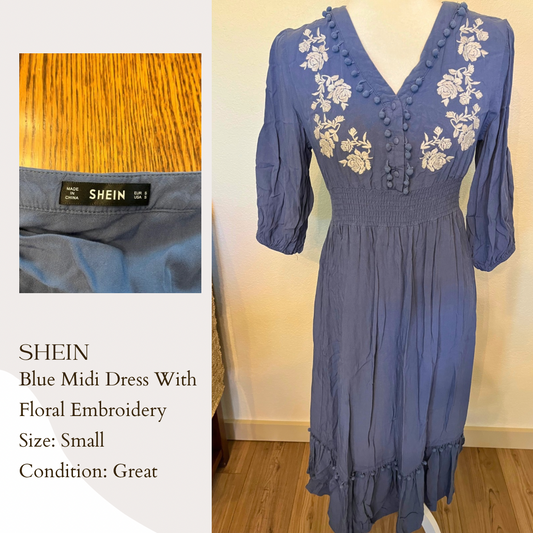 Shein Blue Midi Dress With Floral Embroidery