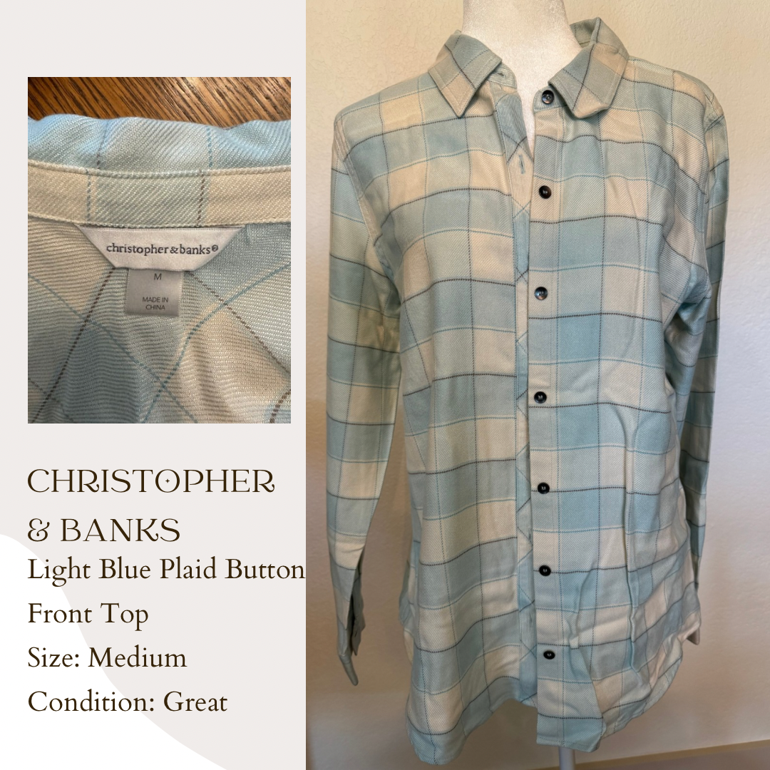 Christopher & Banks Light Blue Plaid Button Front Top