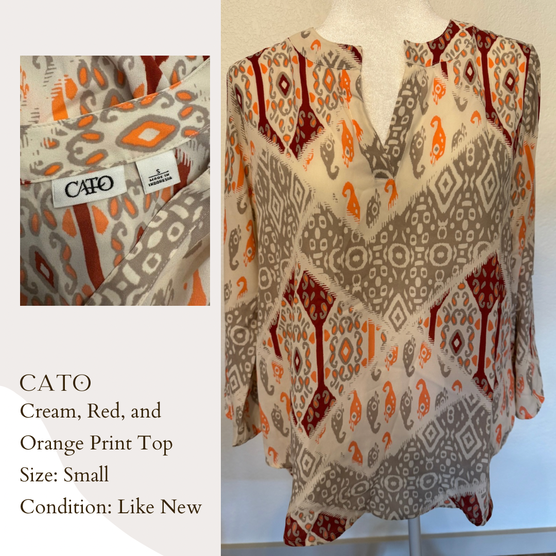 Cato Cream, Red, and Orange Print Top