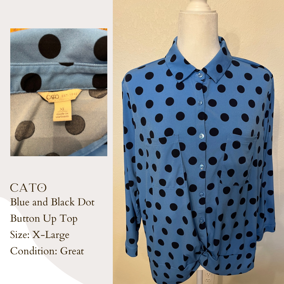 Cato Blue and Black Dot Button Up Top