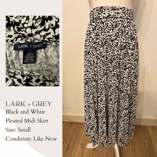 Lark + Grey Black and White Pleated Midi Skirt