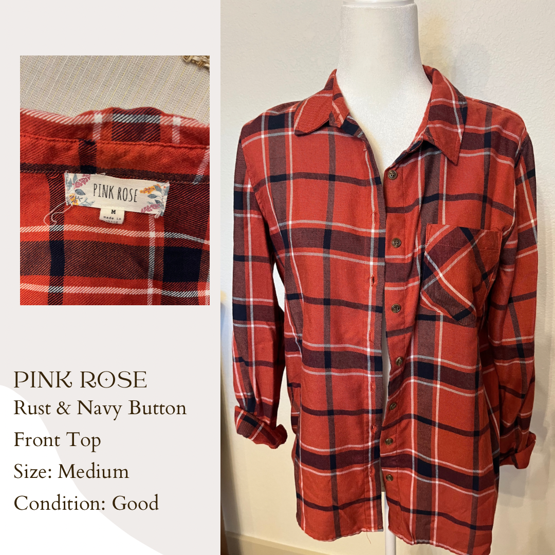 Pink Rose Rust & Navy Button Front Top