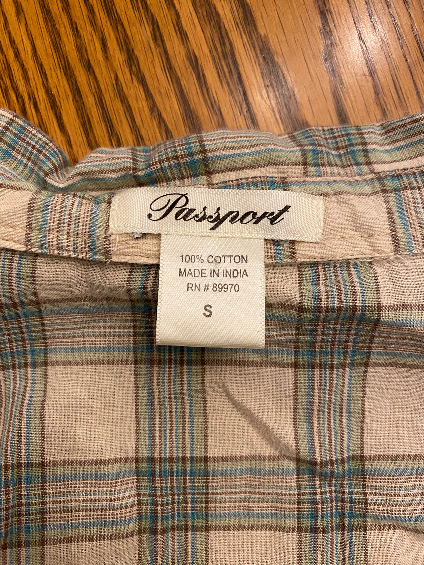 Passport Blue and Gray Plaid Button Front Top