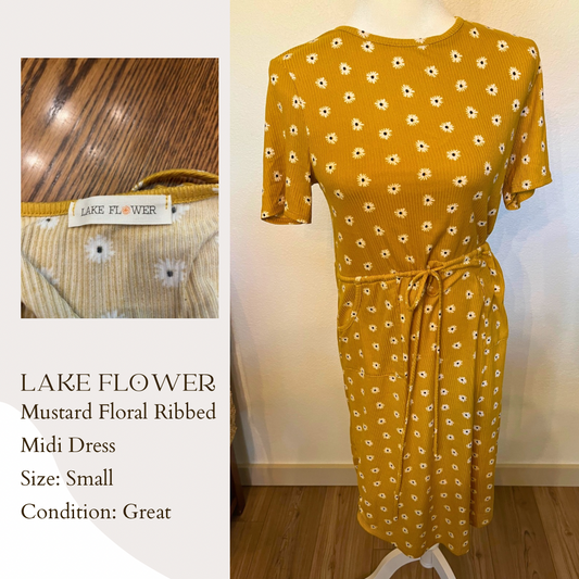 Lake Flower Mustard Floral Ribbed Midi Dress