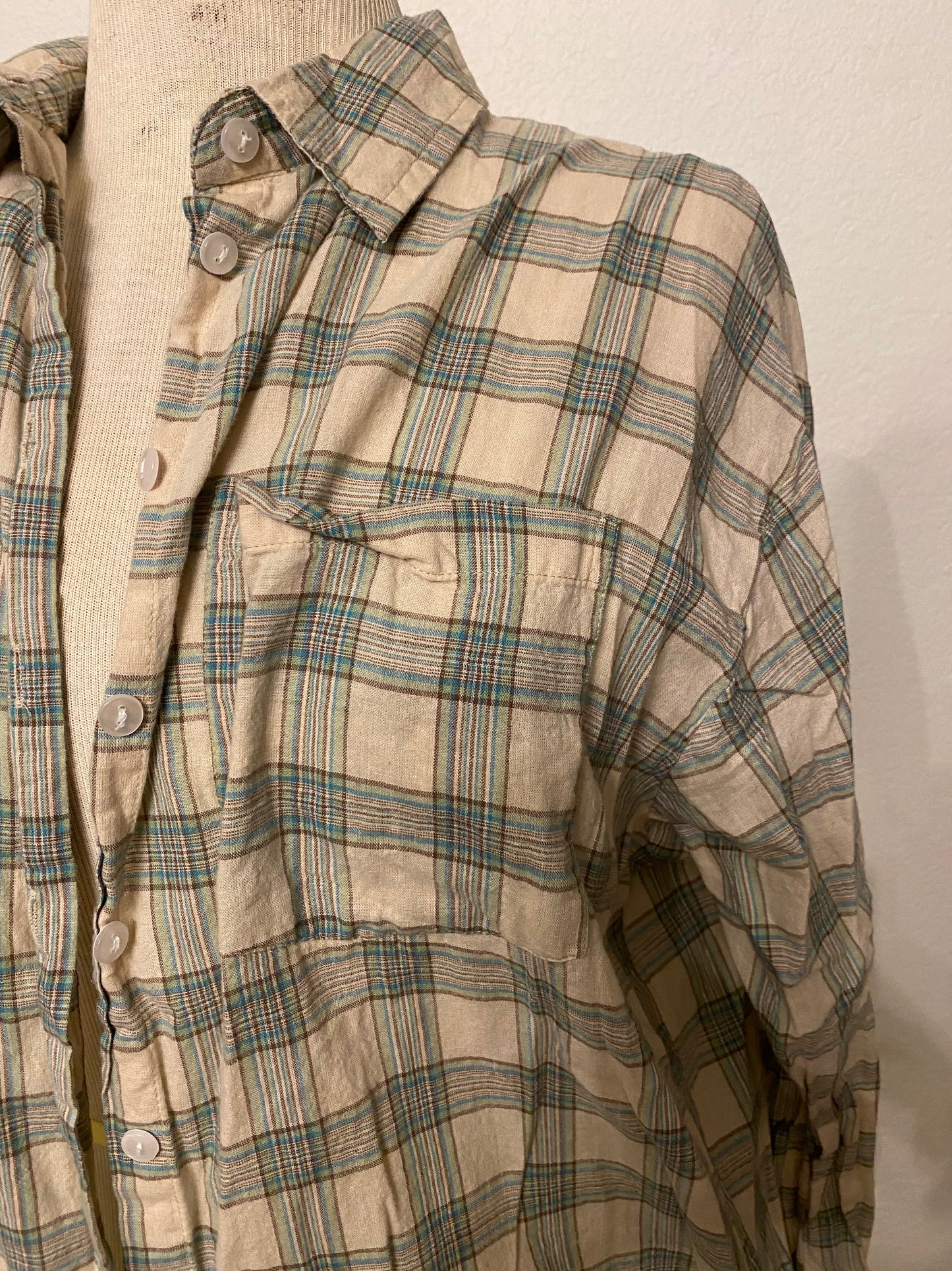 Passport Blue and Gray Plaid Button Front Top