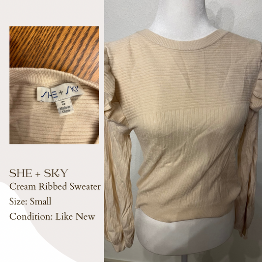 She + Sky Cream Ribbed Sweater