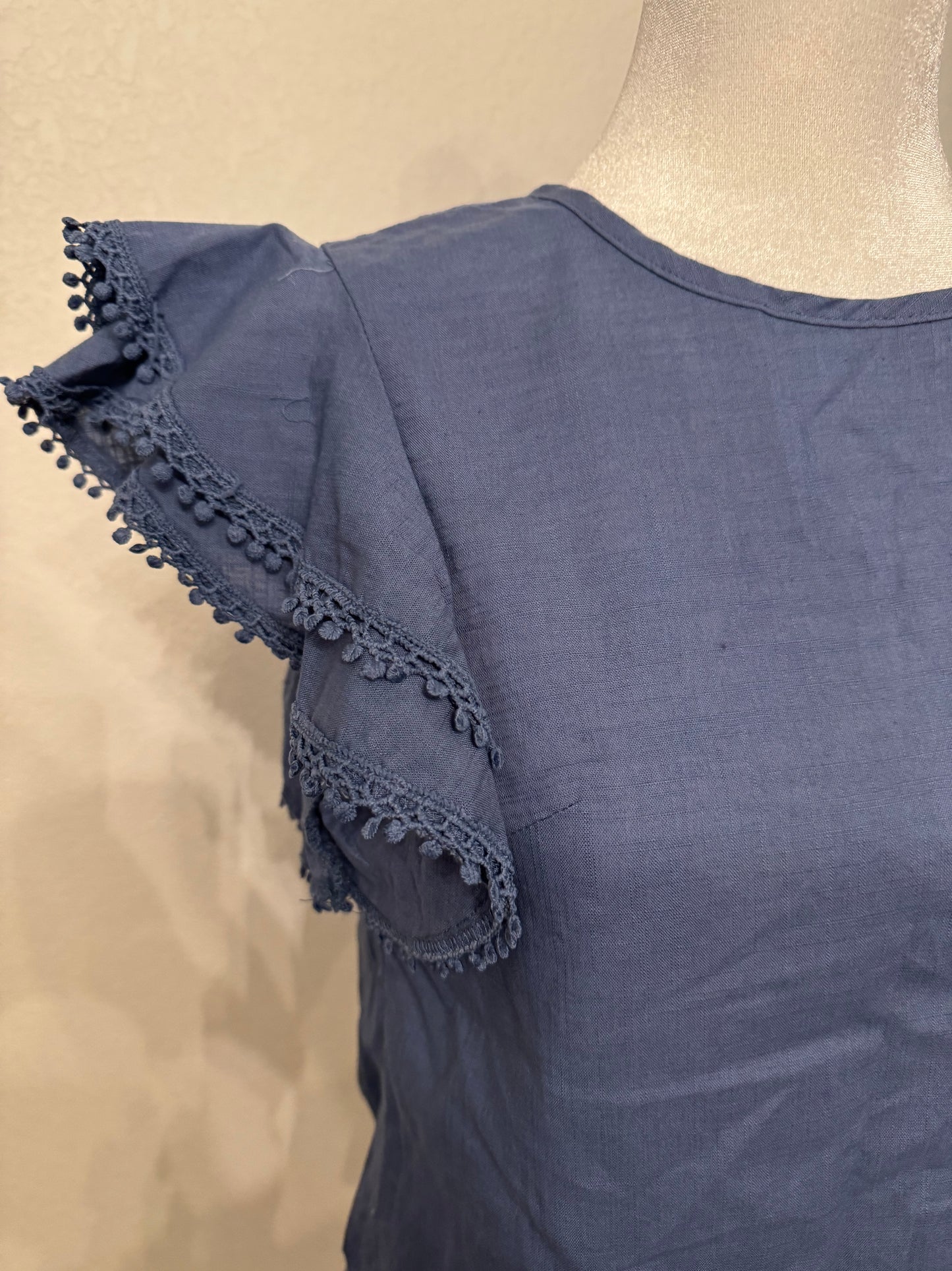 Emery Rose Slate Blue Top With Lace Trim