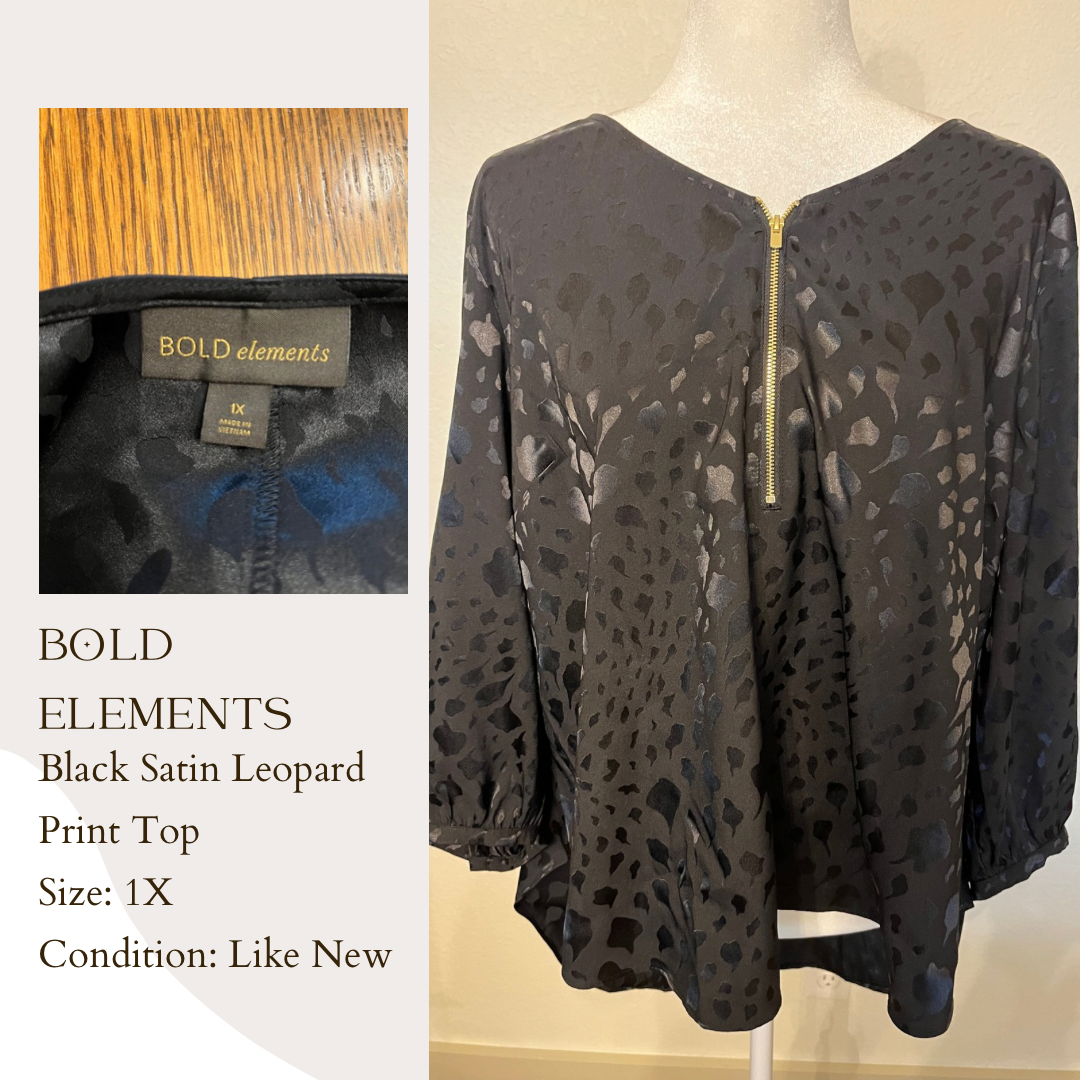 Bold Elements Black Satin Leopard Print Top