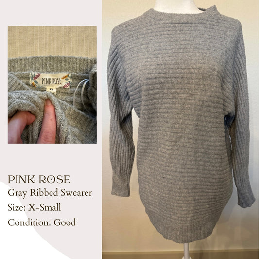 Pink Rose Gray Ribbed Sweater