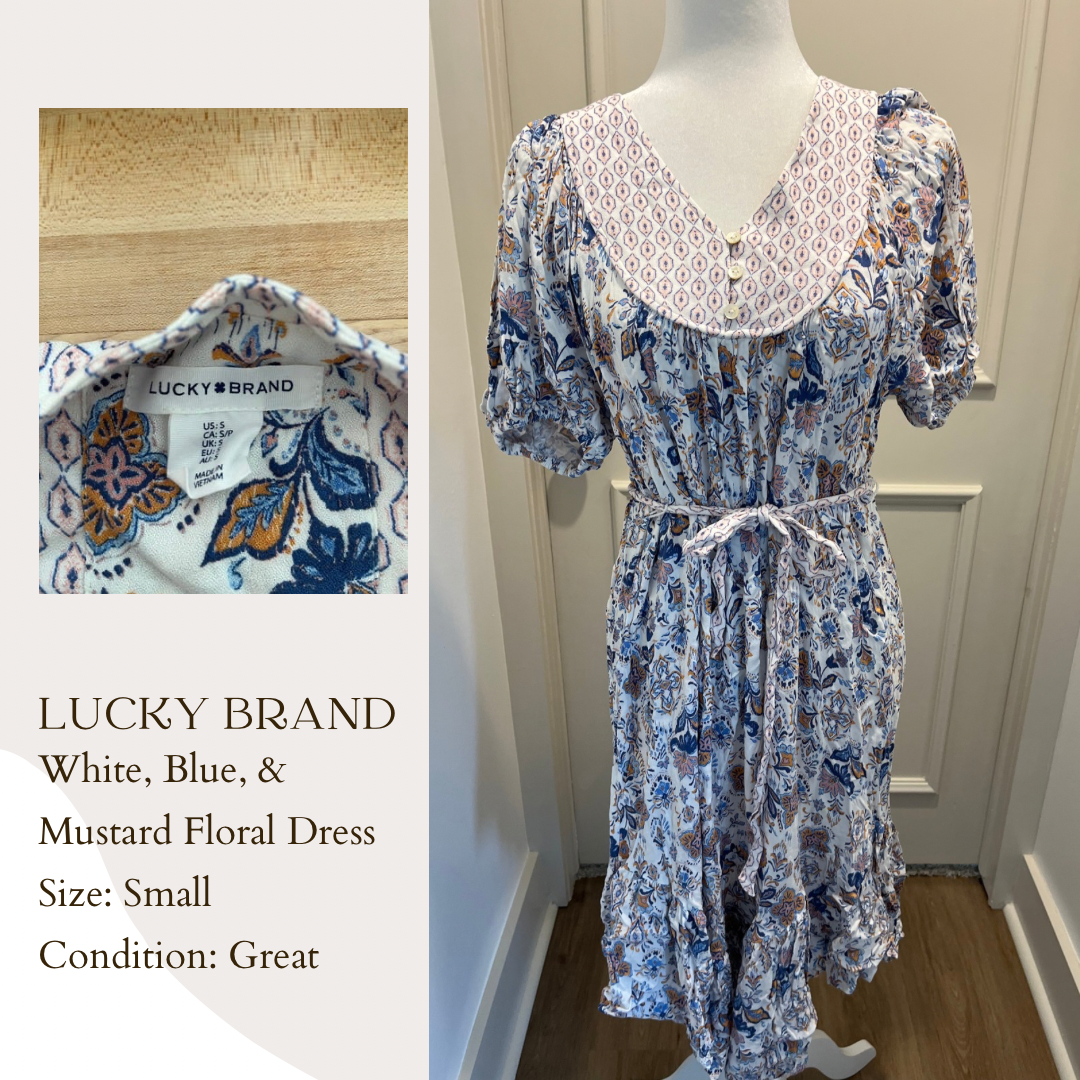 Lucky Brand White, Blue, & Mustard Floral Dress