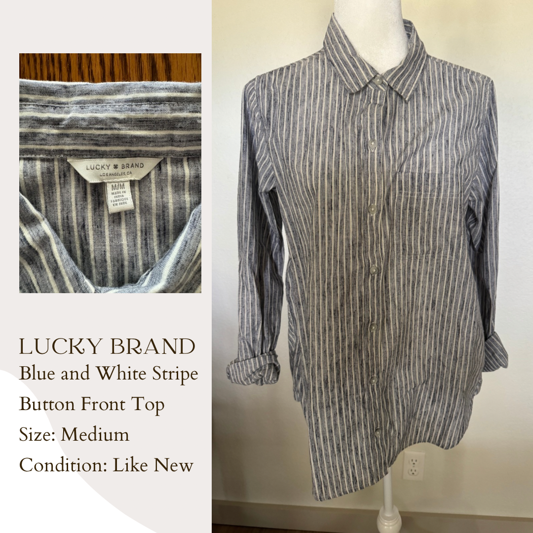 Lucky Brand Blue and White Stripe Button Front Top