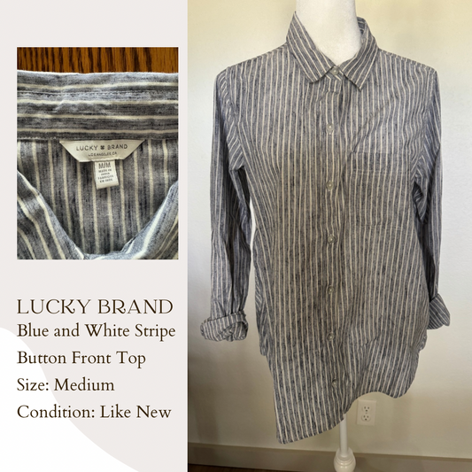 Lucky Brand Blue and White Stripe Button Front Top