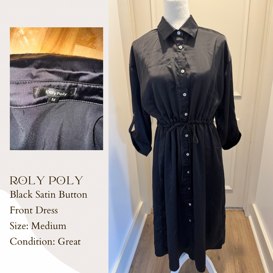 Roly Poly Black Satin Button Front Dress