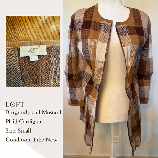 LOFT Burgundy and Mustard Plaid Cardigan