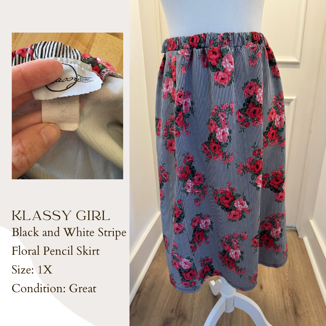 Klassy Girl Black and White Stripe Floral Pencil Skirt