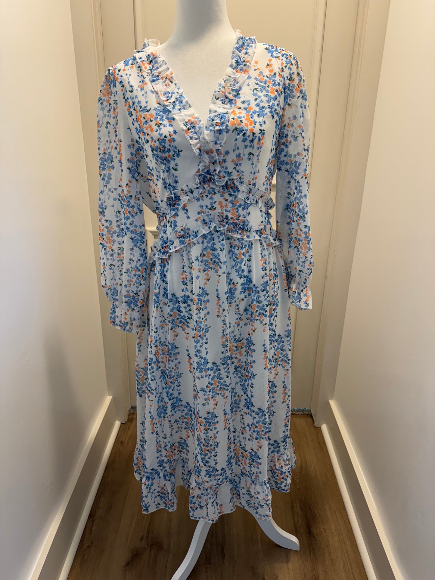 Simplee Blue and Orange Floral Midi Dress