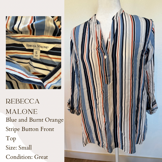 Rebecca Malone Blue and Burnt Orange Stripe Button Front Top