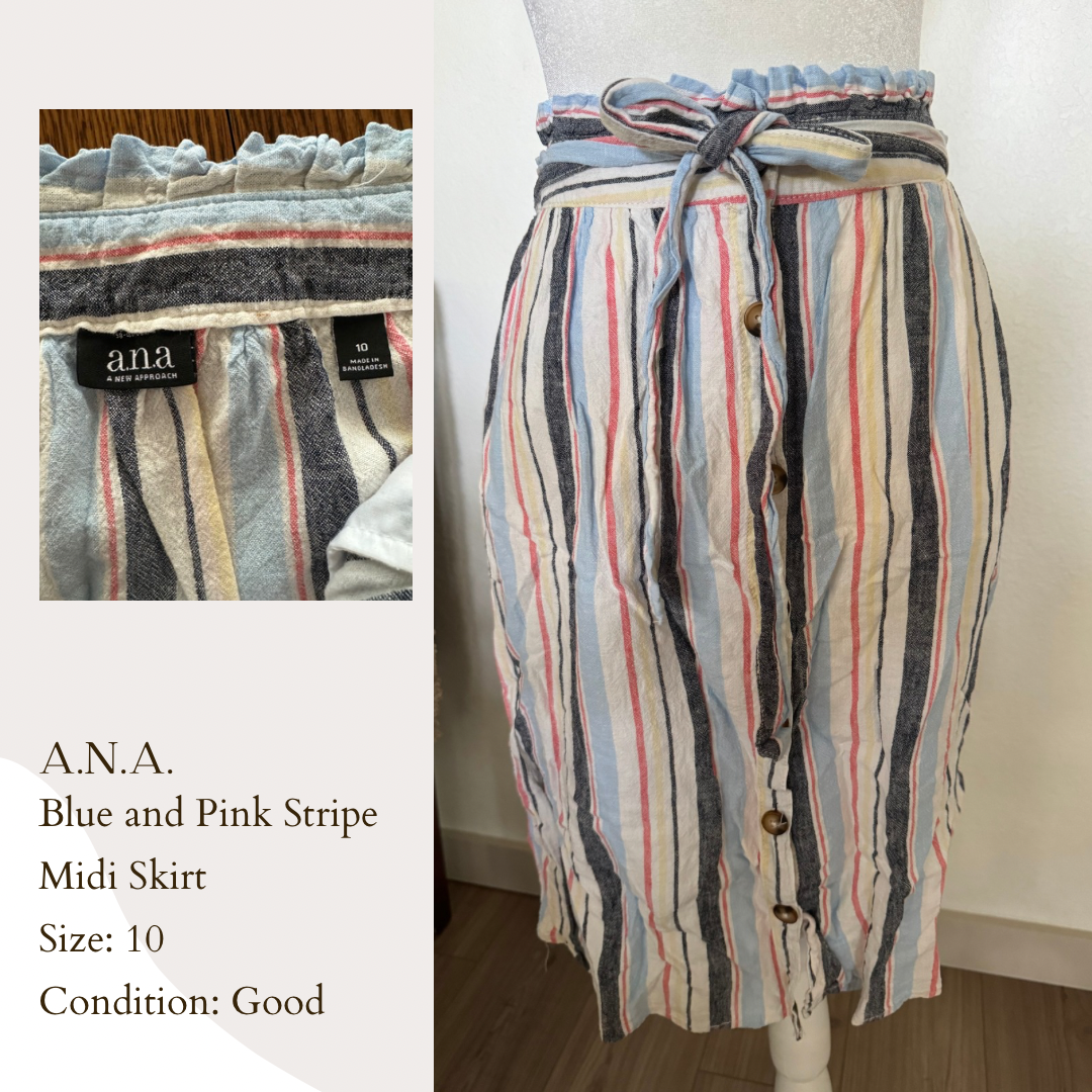 A.N.A. Blue and Pink Stripe Midi Skirt