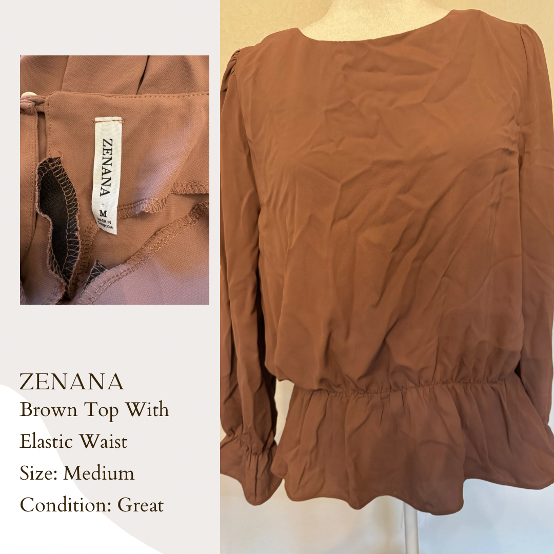 Zenana Brown Top With Elastic Waist