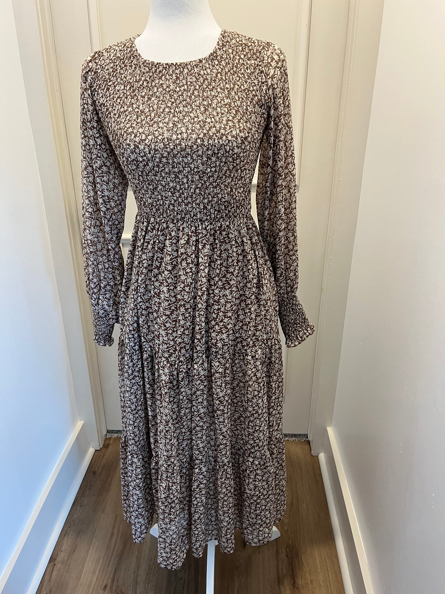 Shop Neighbor Brown Floral Maxi Dress With Ruched Bodice