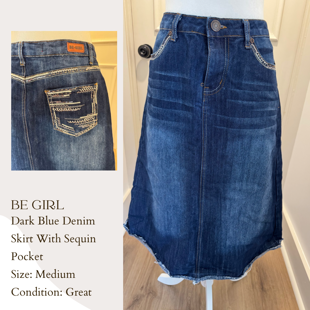 Be Girl Dark Blue Denim Skirt With Sequin Pocket