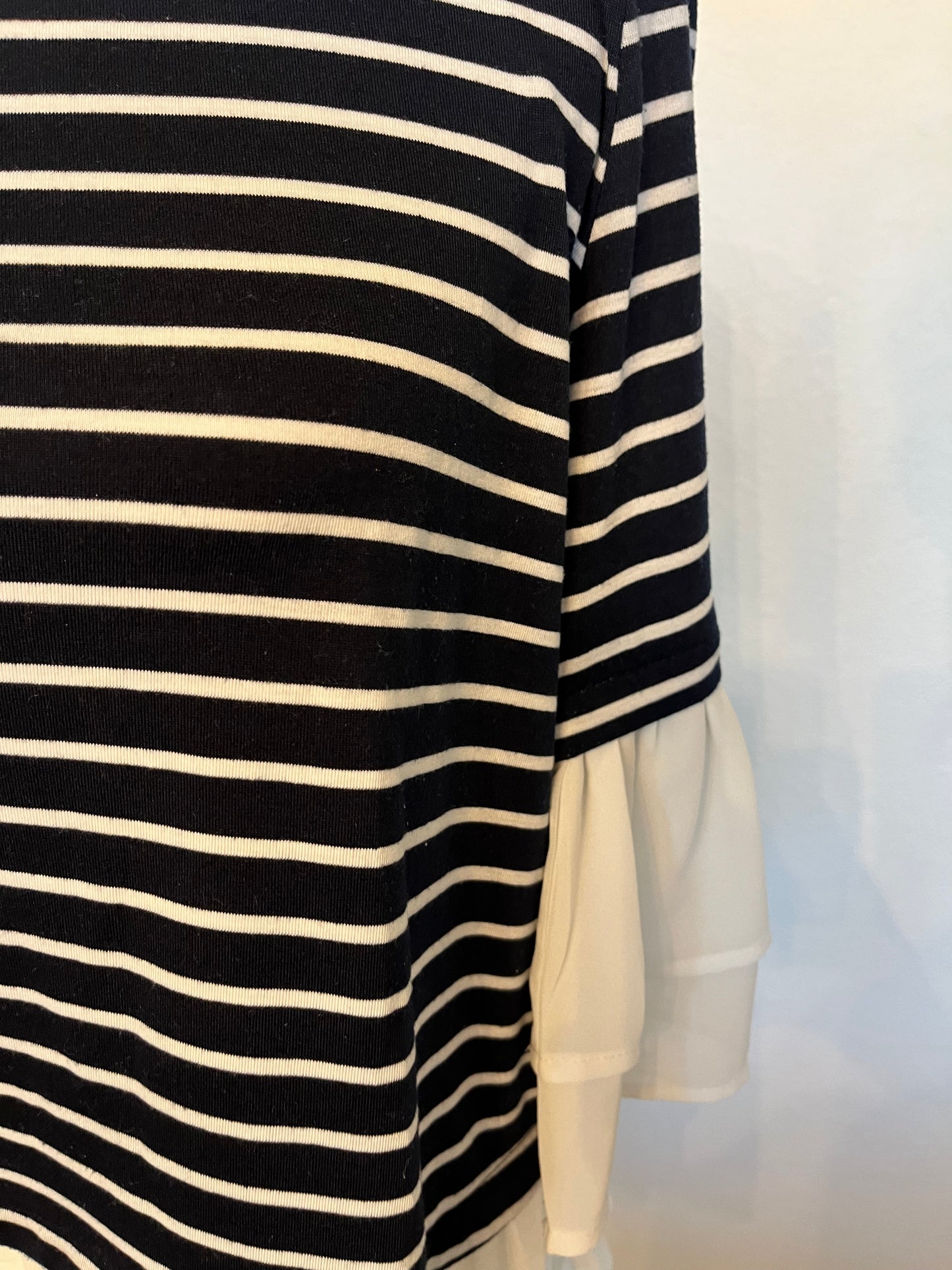 Jodifl Navy and White Stripe Top With Ruffle Accent