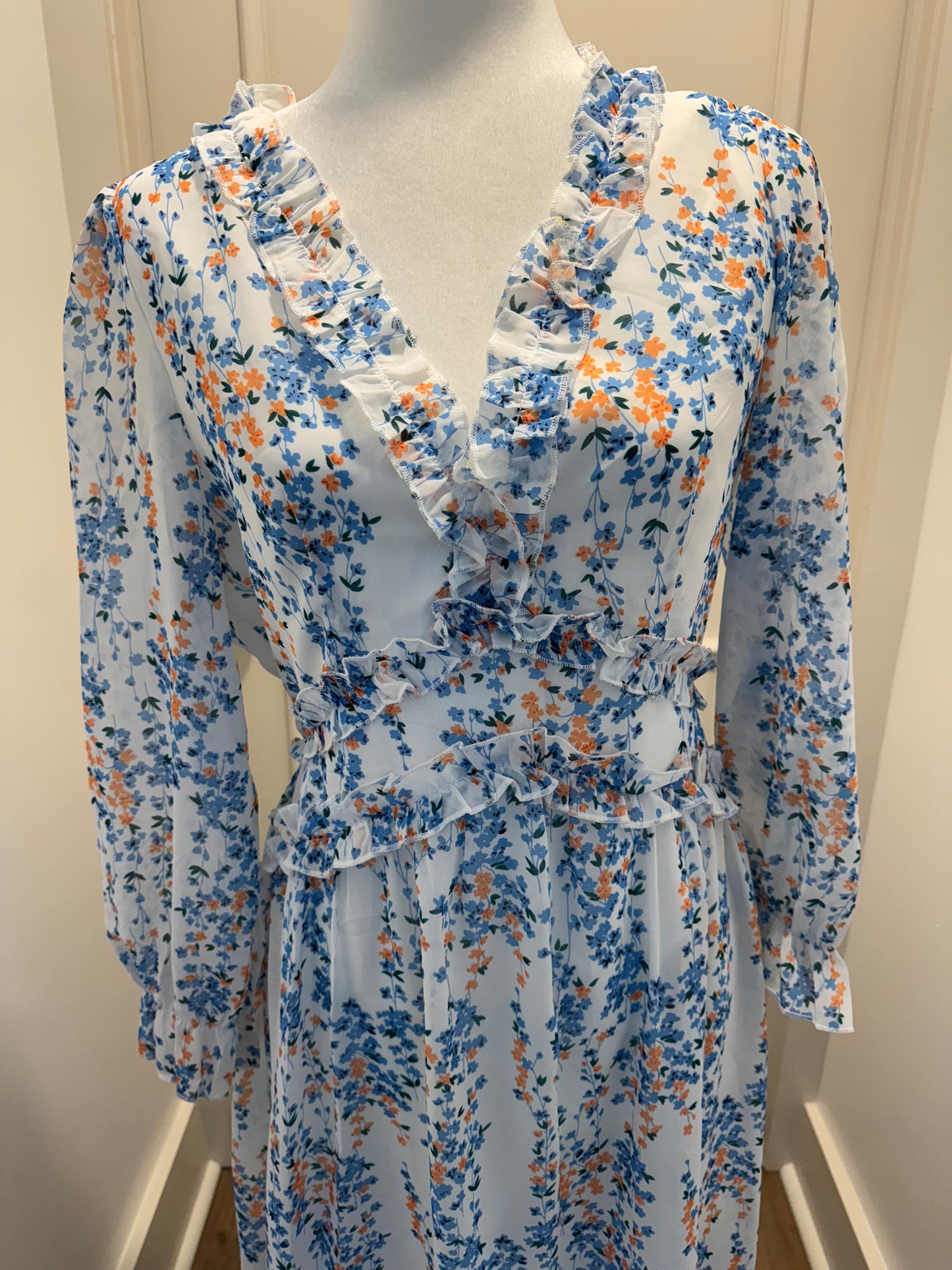 Simplee Blue and Orange Floral Midi Dress