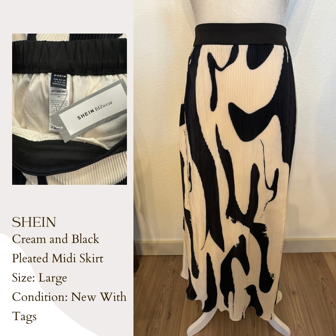 Shein Cream and Black Pleated Midi Skirt