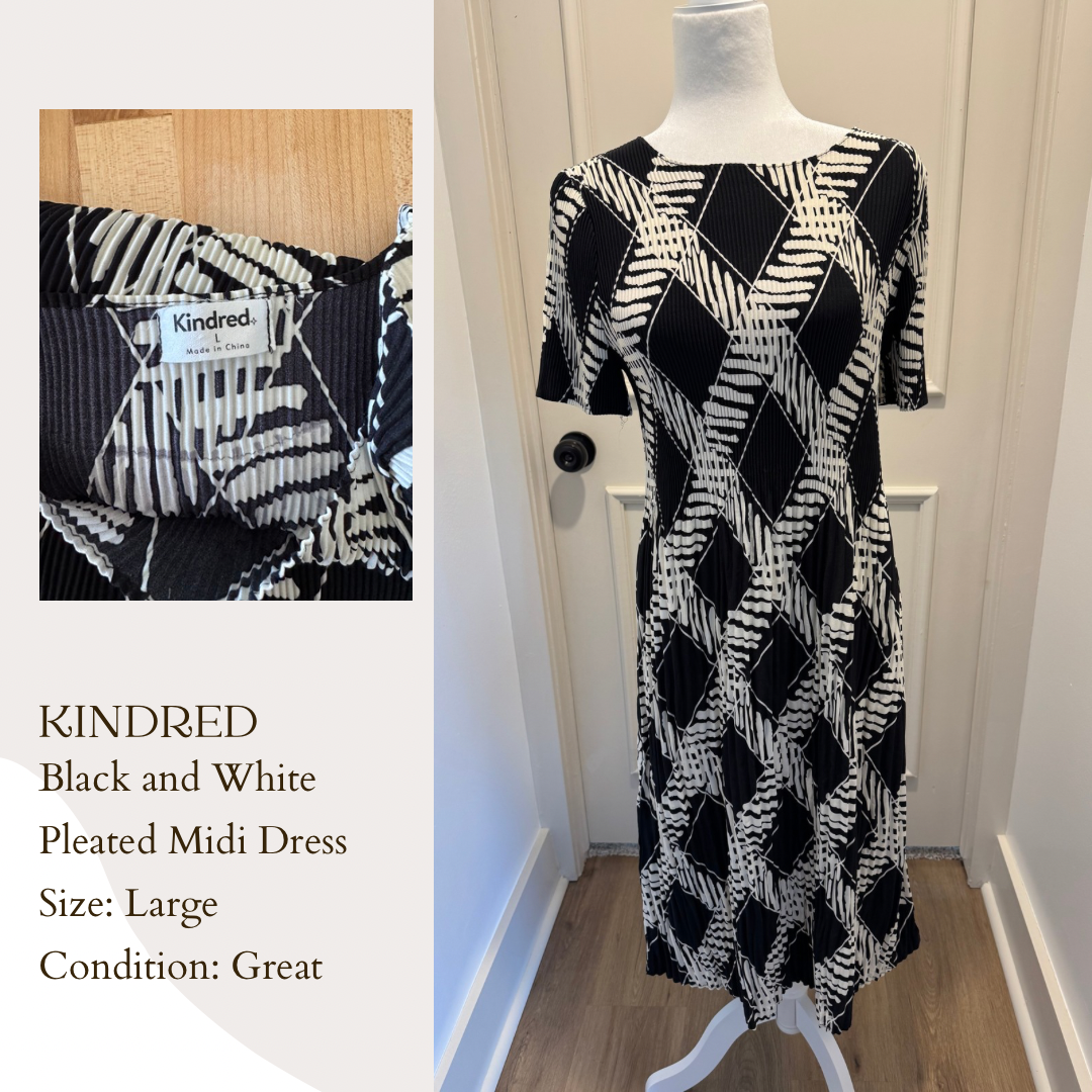 Kindred Black and White Pleated Midi Dress