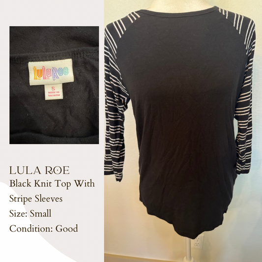 Lula Roe Black Knit Top With Stripe Sleeves