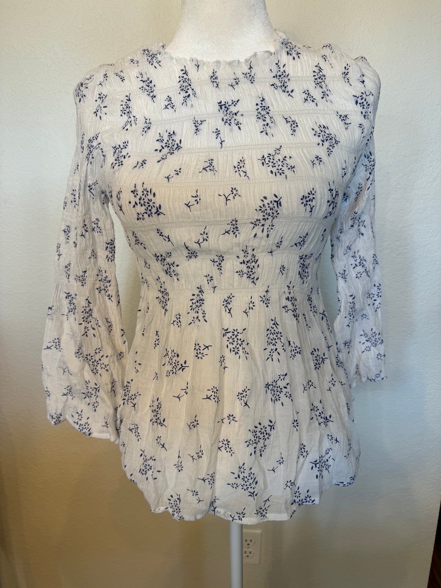 Adiva Blue and White Floral Smocked Top