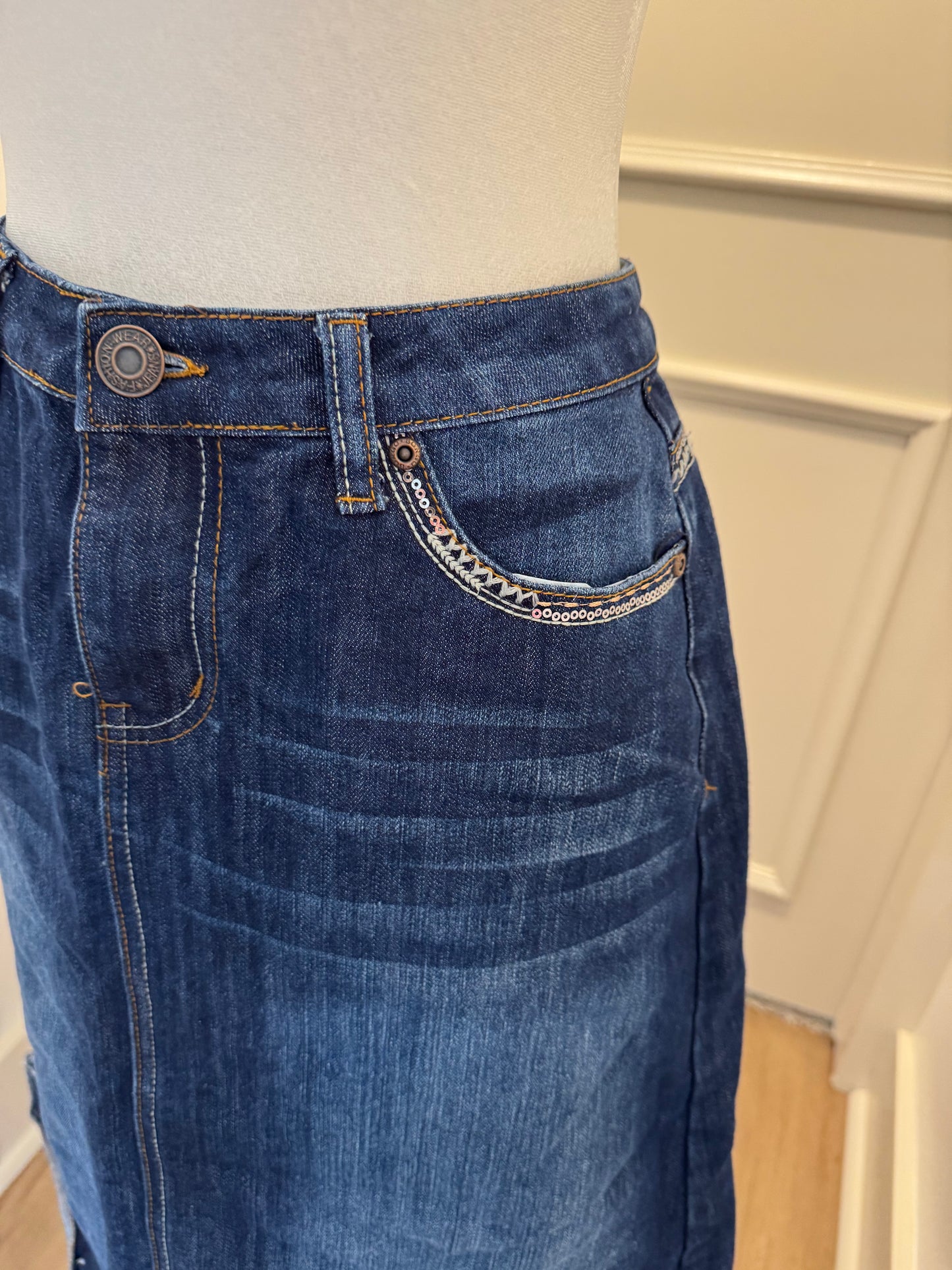 Be Girl Dark Blue Denim Skirt With Sequin Pocket