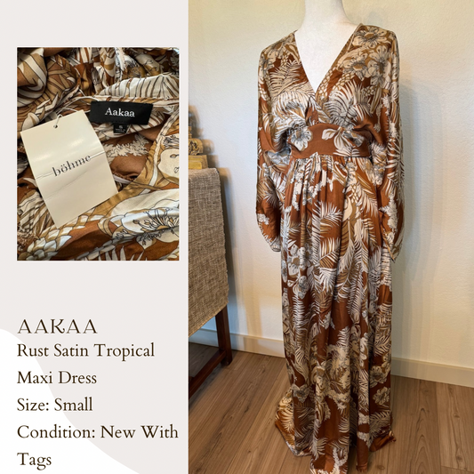 Aakaa Rust Satin Tropical Maxi Dress