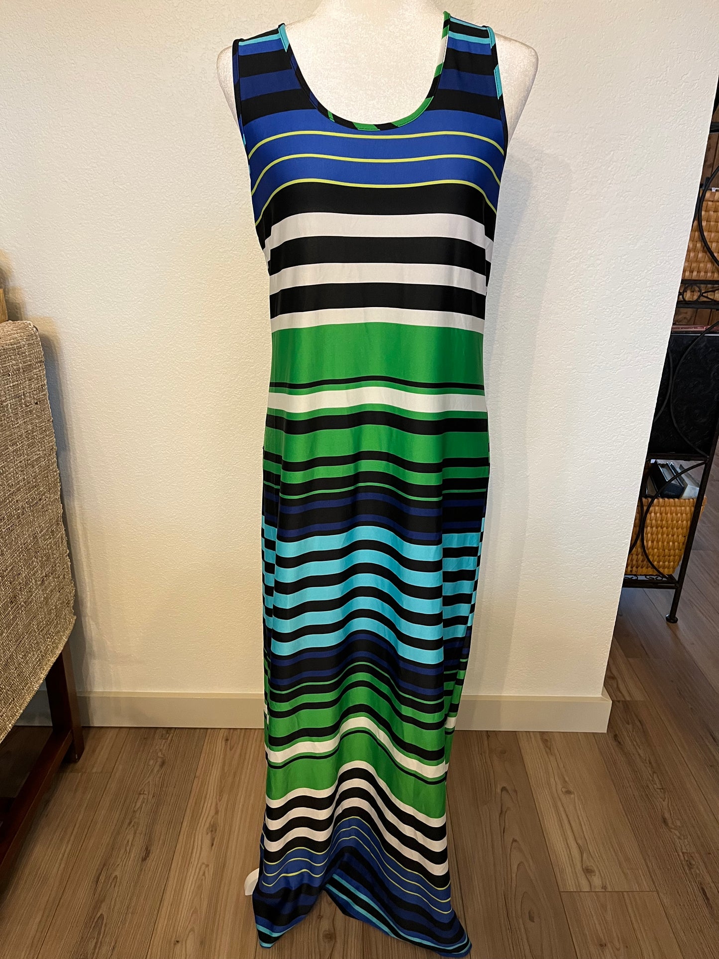 No Brand Green, Blue, & Black Stripe Maxi Dress