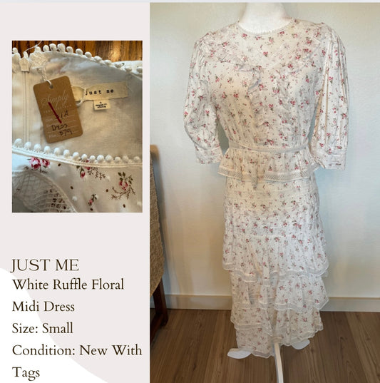 Just Me White Ruffle Floral Midi Dress