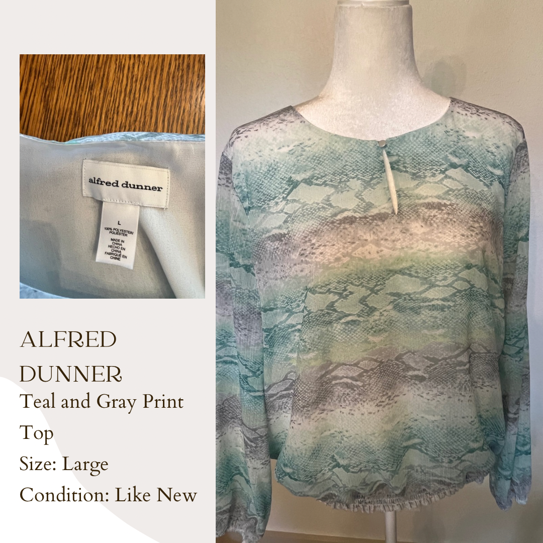 Alfred Dunner Teal and Gray Print Top