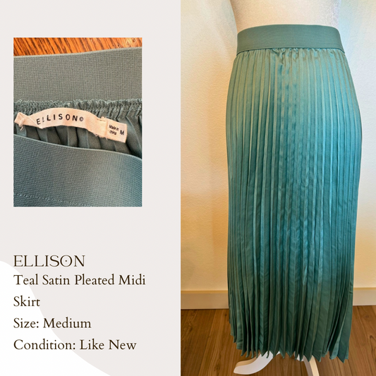 Ellison Teal Satin Pleated Midi Skirt