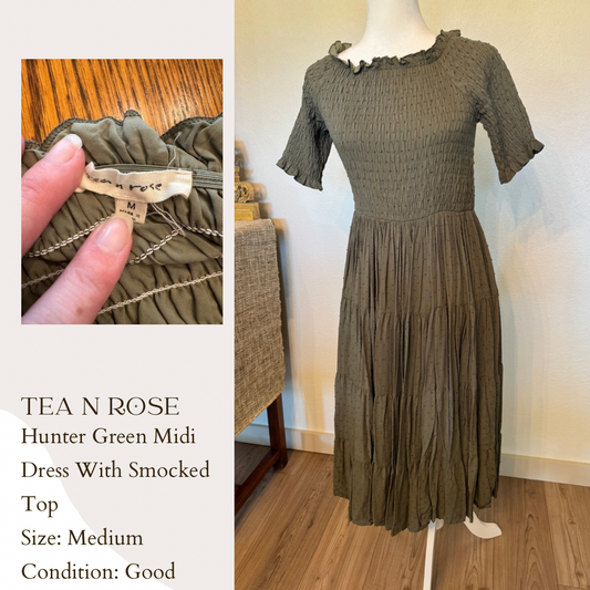 Tea N Rose Hunter Green Midi Dress With Smocked Top