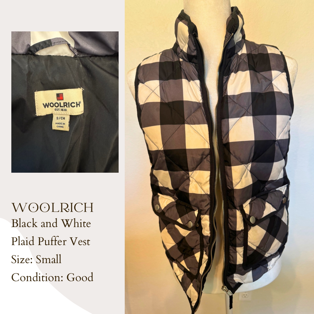 Woolrich Black and White Plaid Puffer Vest